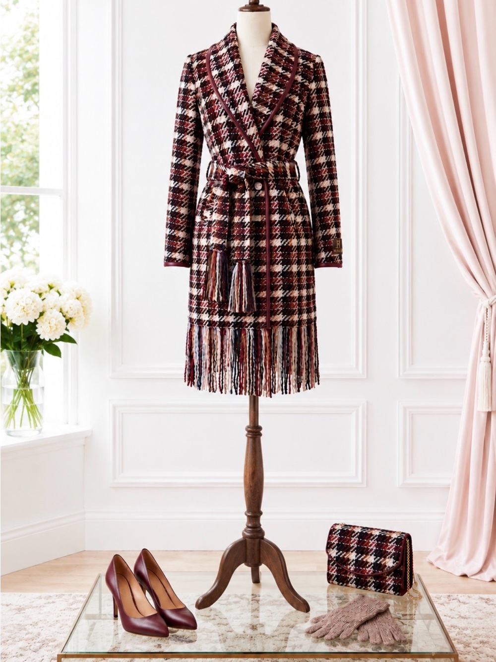 CAbi Plaid Wool Fringe Belted Coat Multicolor Size M - Picture 8 of 15